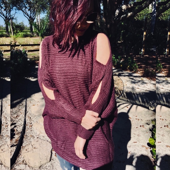 Plum Oversized Sweater Tunic Cold Shoulder - Picture 6 of 8